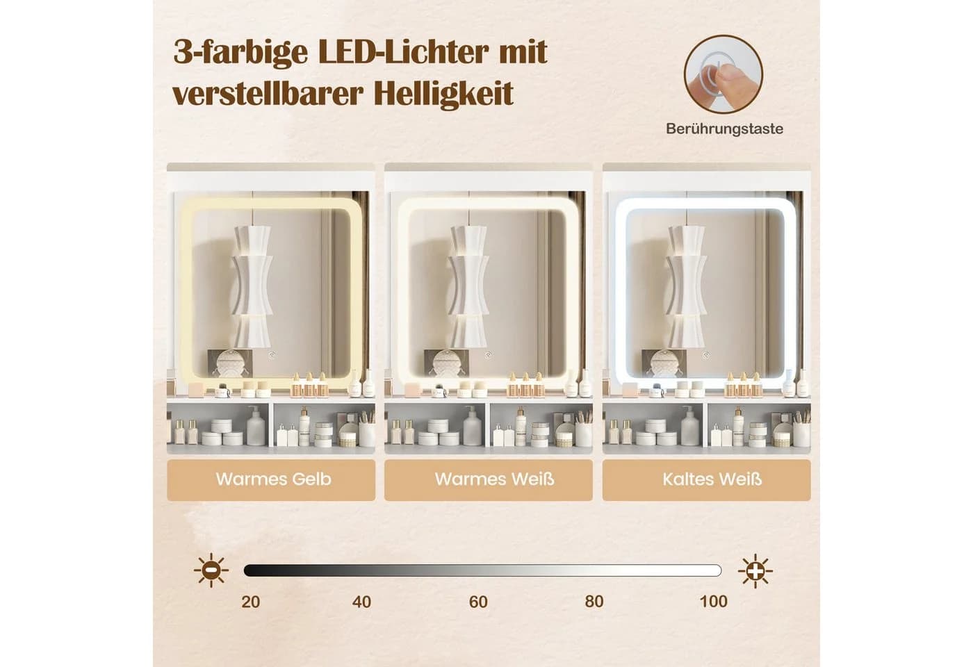 COSTWAY Schminktisch mit LED & Ladestation, Hocker, Spiegel, Schubladen - Bild 5