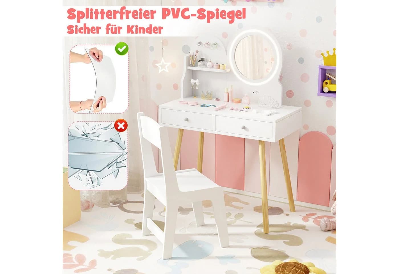 COSTWAY Kinder Schminktisch mit LED-Beleuchtung Weiß