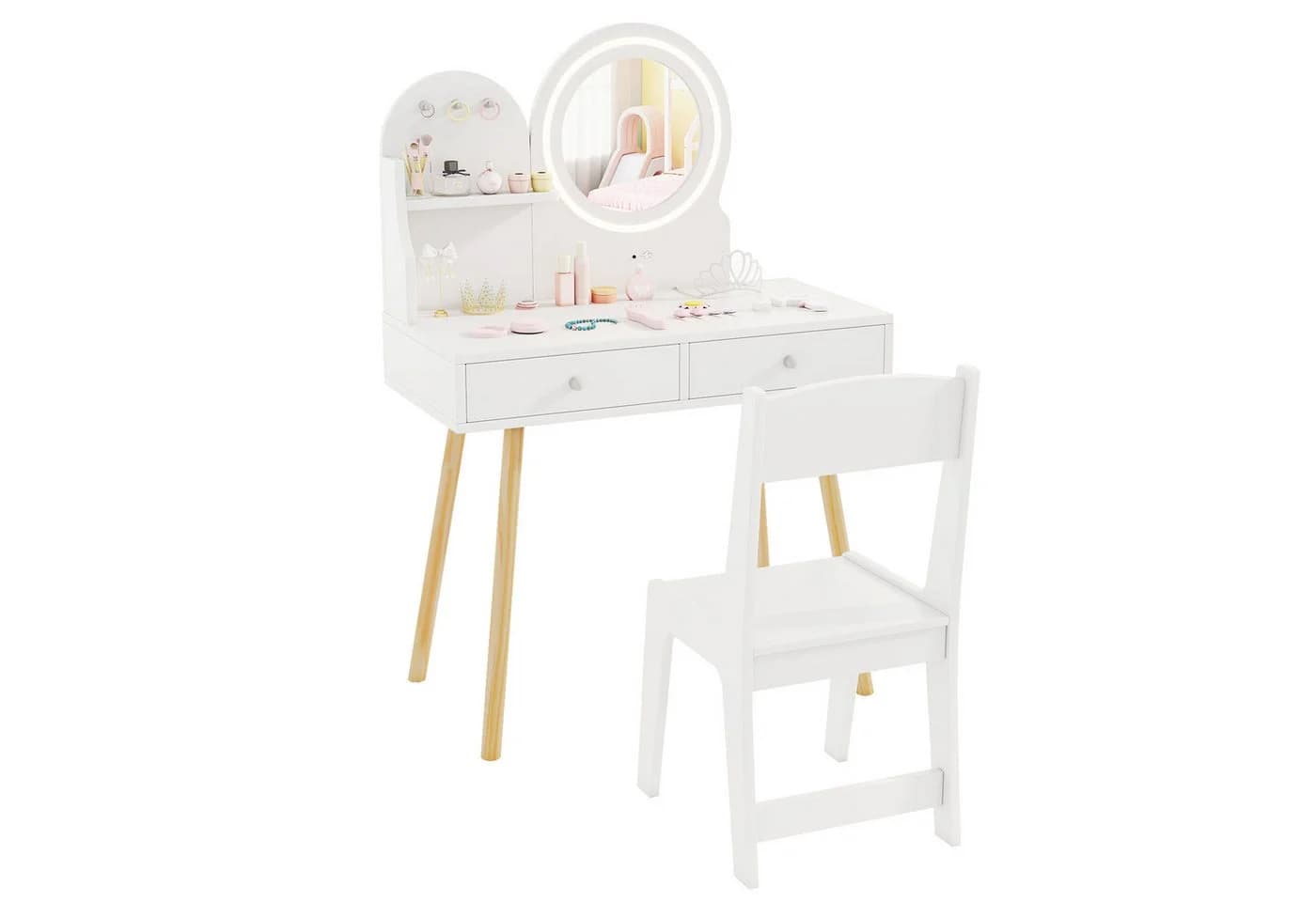 COSTWAY Kinder Schminktisch mit LED-Beleuchtung Weiß - Bild 2