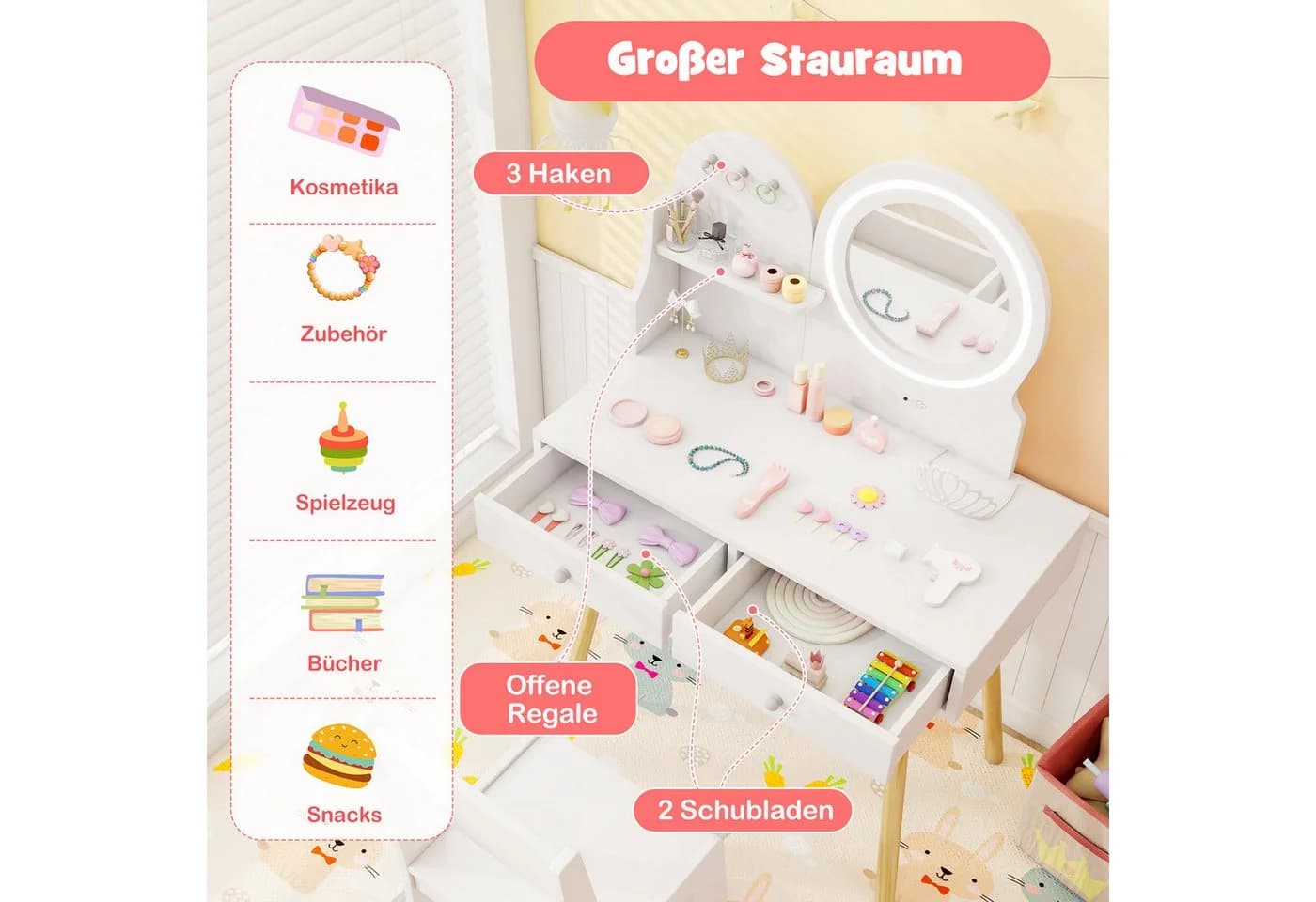 COSTWAY Kinder Schminktisch mit LED-Beleuchtung Weiß - Bild 5