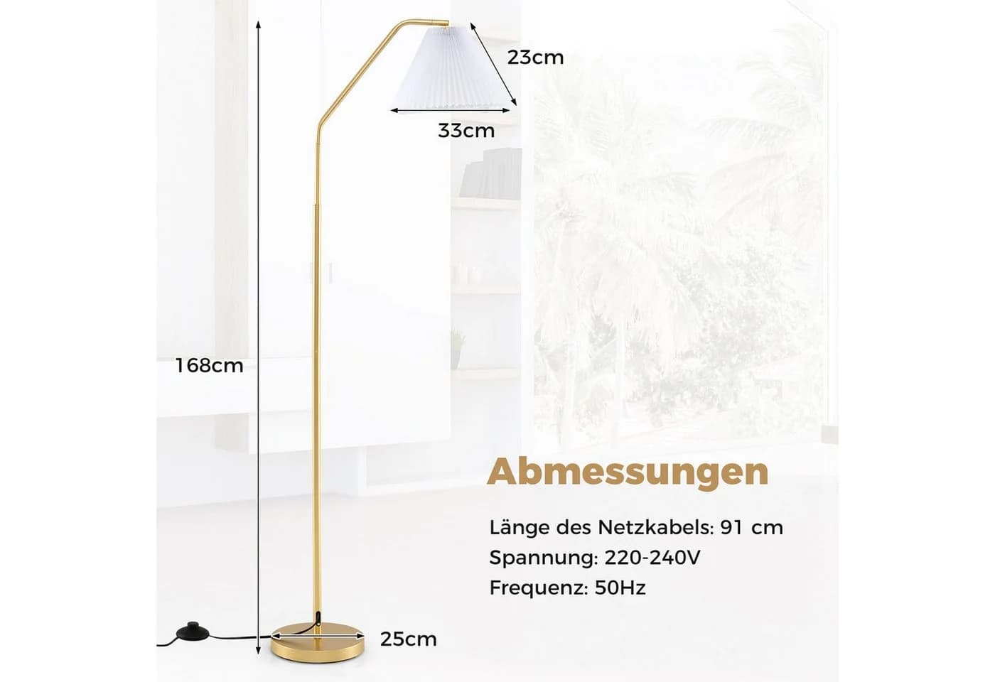 COSTWAY Stehlampe 168 cm Gold Verstellbarer Lampenkopf - Bild 3