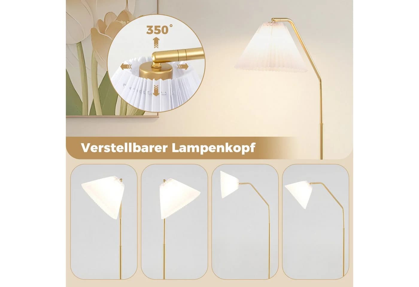 COSTWAY Stehlampe 168 cm Gold Verstellbarer Lampenkopf - Bild 4