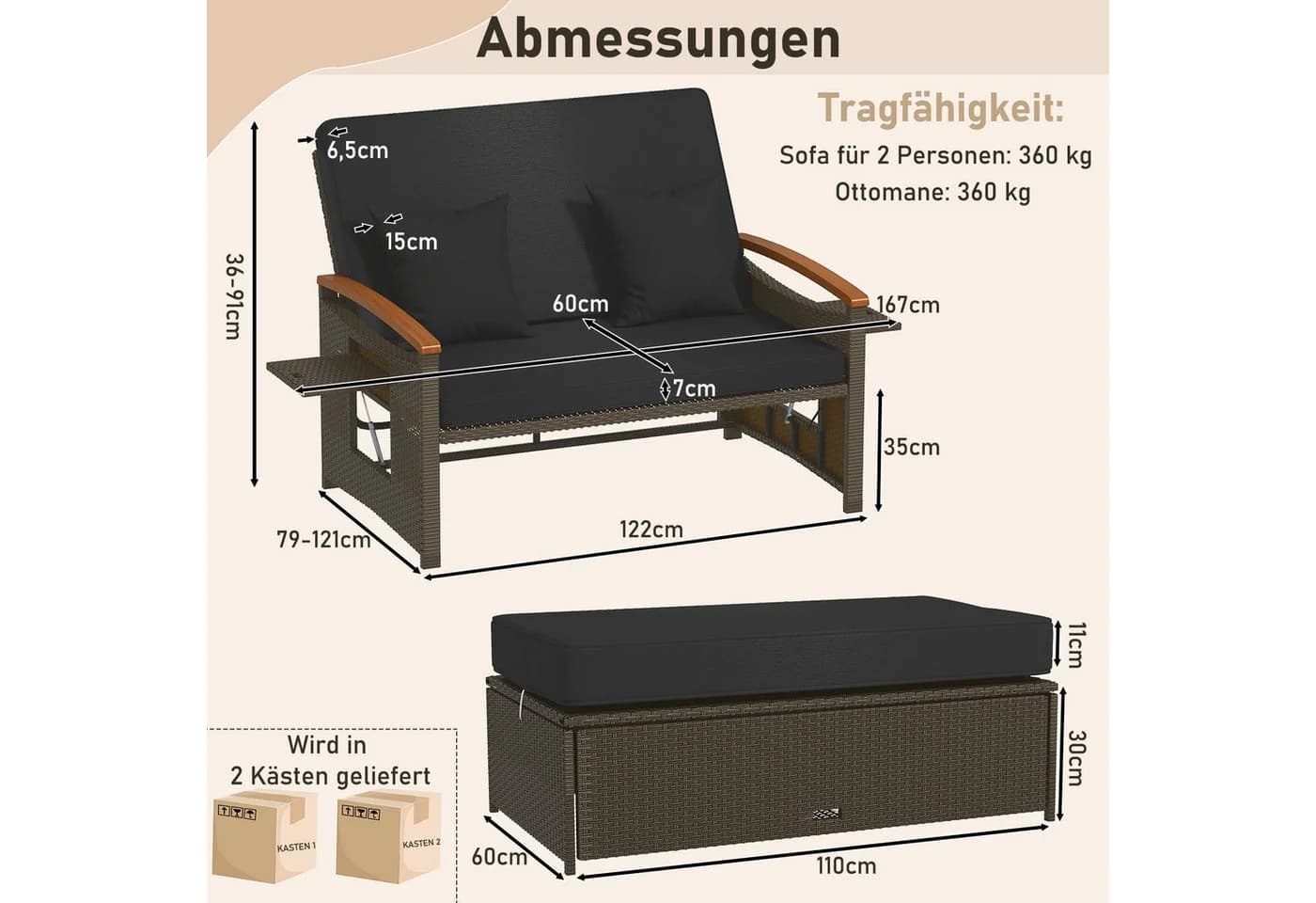 COSTWAY Loungebett 2-Personen PE-Rattan mit verstellbarer Rückenlehne - Bild 5