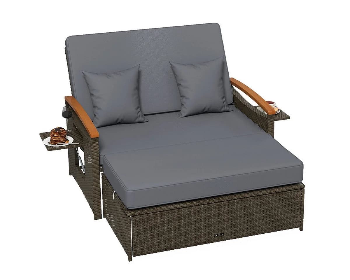 COSTWAY Loungebett 2-Personen PE-Rattan Braun mit verstellbarer Rückenlehne - Bild 2