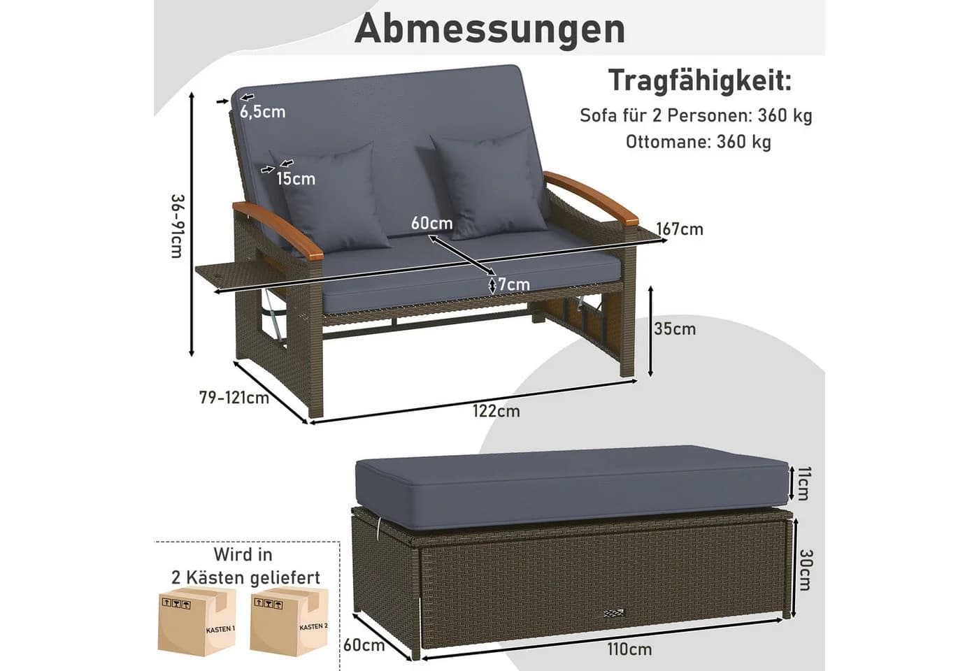 COSTWAY Loungebett 2-Personen PE-Rattan Braun mit verstellbarer Rückenlehne - Bild 5