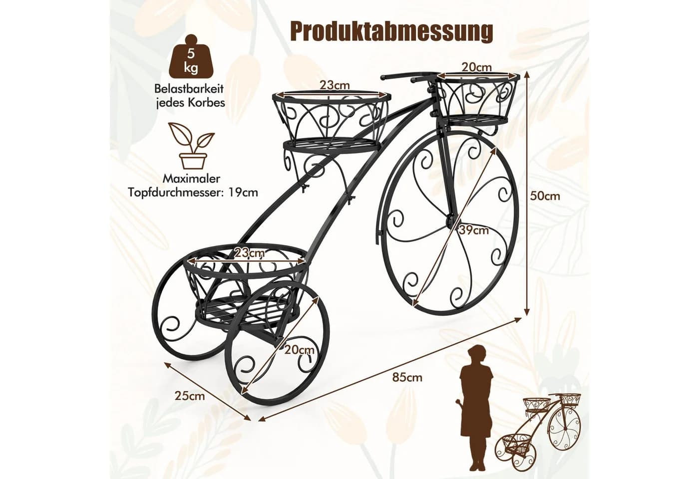 COSTWAY Blumenständer 3 Körbe Pflanzenständer Fahrrad Schwarz - Bild 4