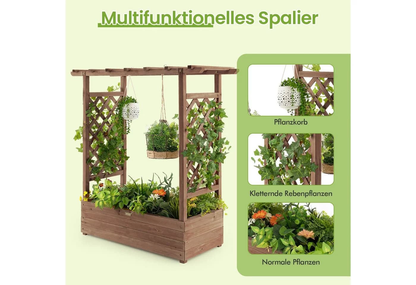 COSTWAY Hochbeet mit Rankgitter & Dach Tannenholz Braun - Bild 5