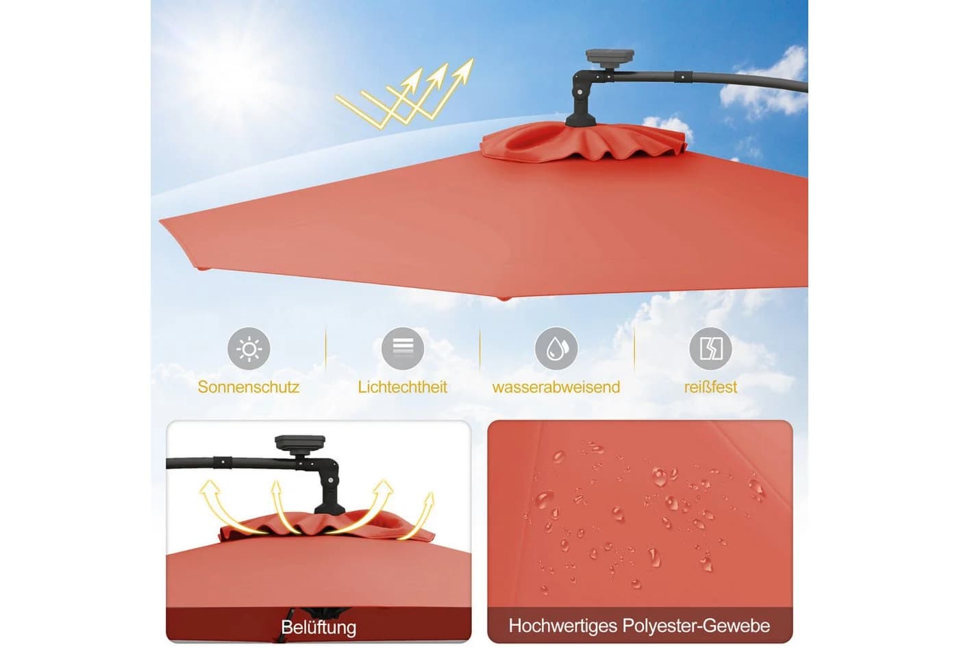 COSTWAY Sonnenschirm 300 cm Orange mit LED & Solar