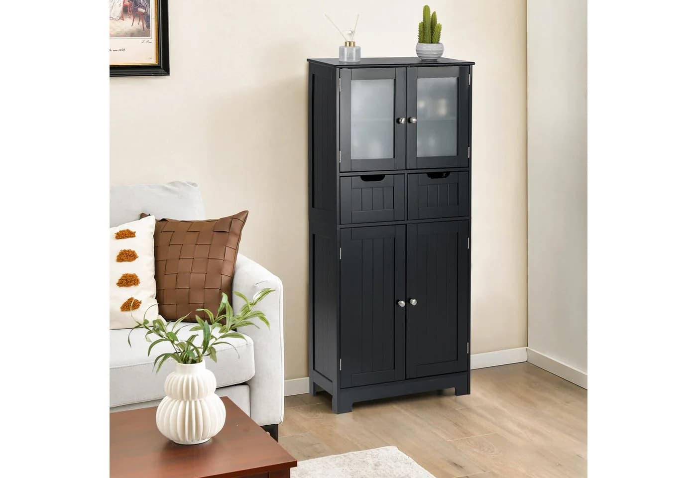 COSTWAY Badschrank mit Schublade, verstellbarem Regal, weiß 128cm