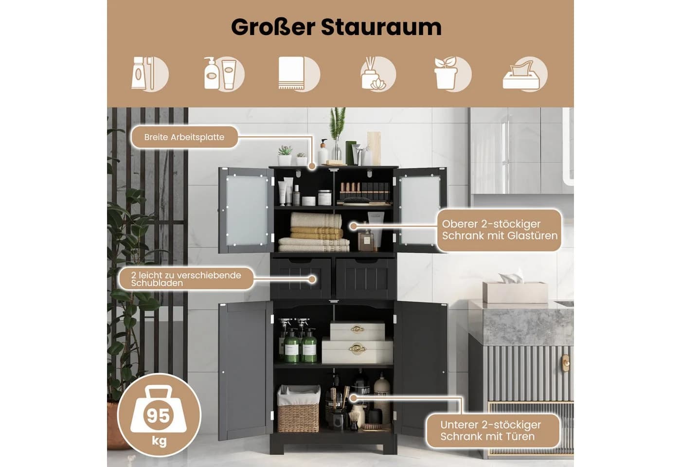 COSTWAY Badschrank mit Schublade, verstellbarem Regal, weiß 128cm - Bild 3