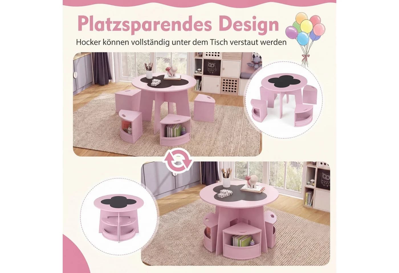 COSTWAY Kindersitzgruppe 5-tlg. Rosa mit Stauraum