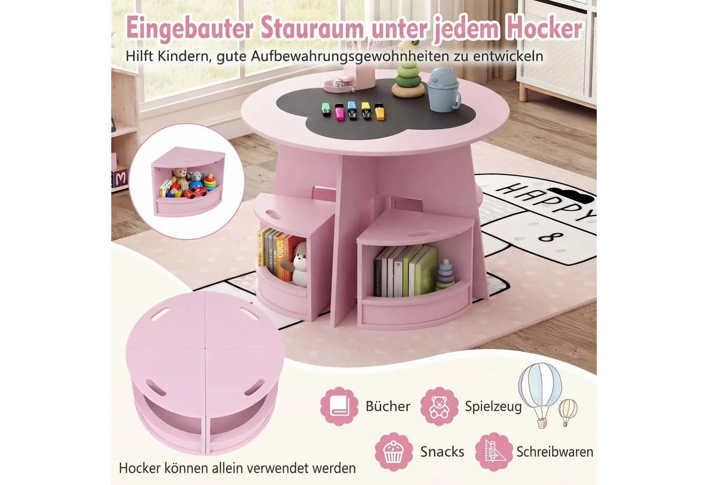 COSTWAY Kindersitzgruppe 5-tlg. Rosa mit Stauraum - Bild 3