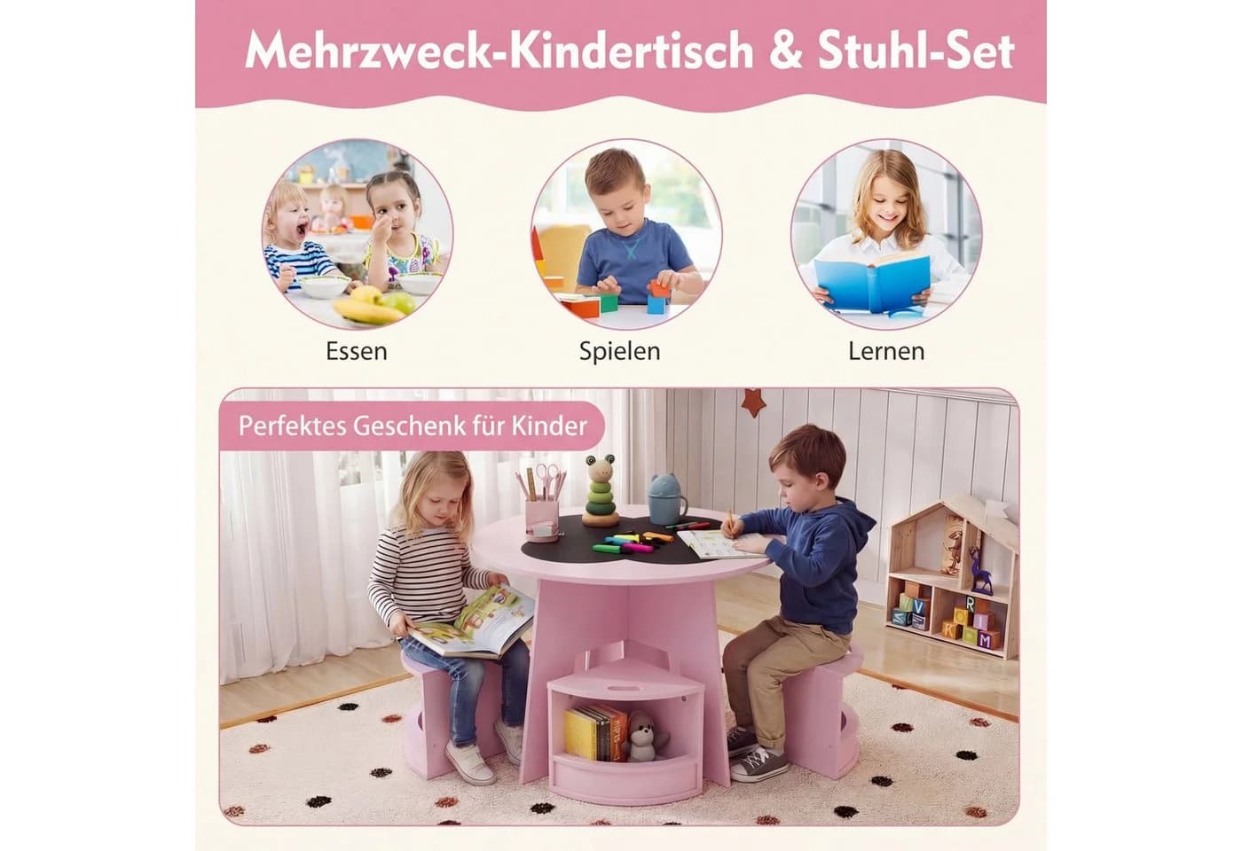 COSTWAY Kindersitzgruppe 5-tlg. Rosa mit Stauraum - Bild 4