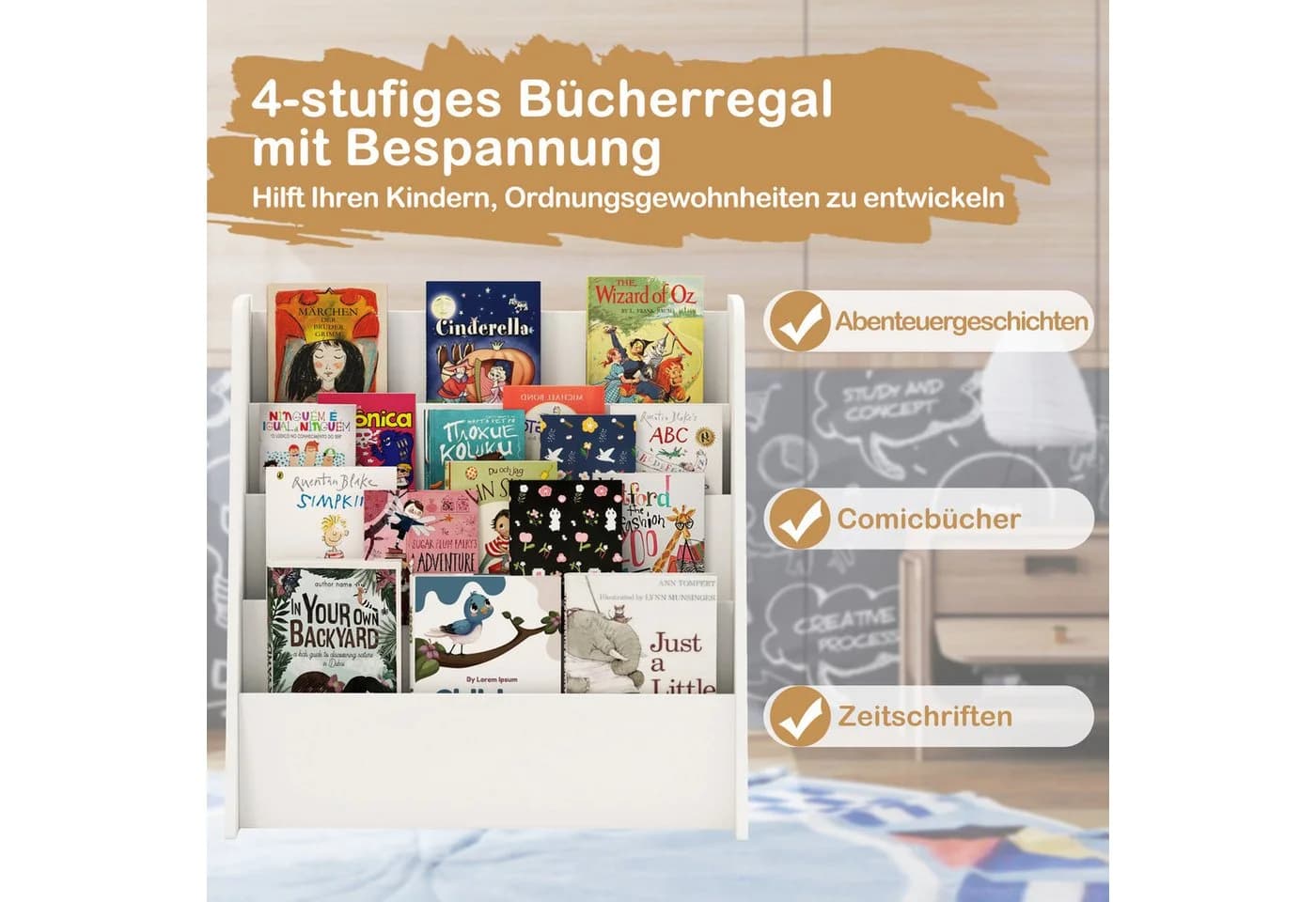 KOMFOTTEU Bücherregal Hängefächerregal Kinderregal 4 Ablagefächer Weiß - Bild 3