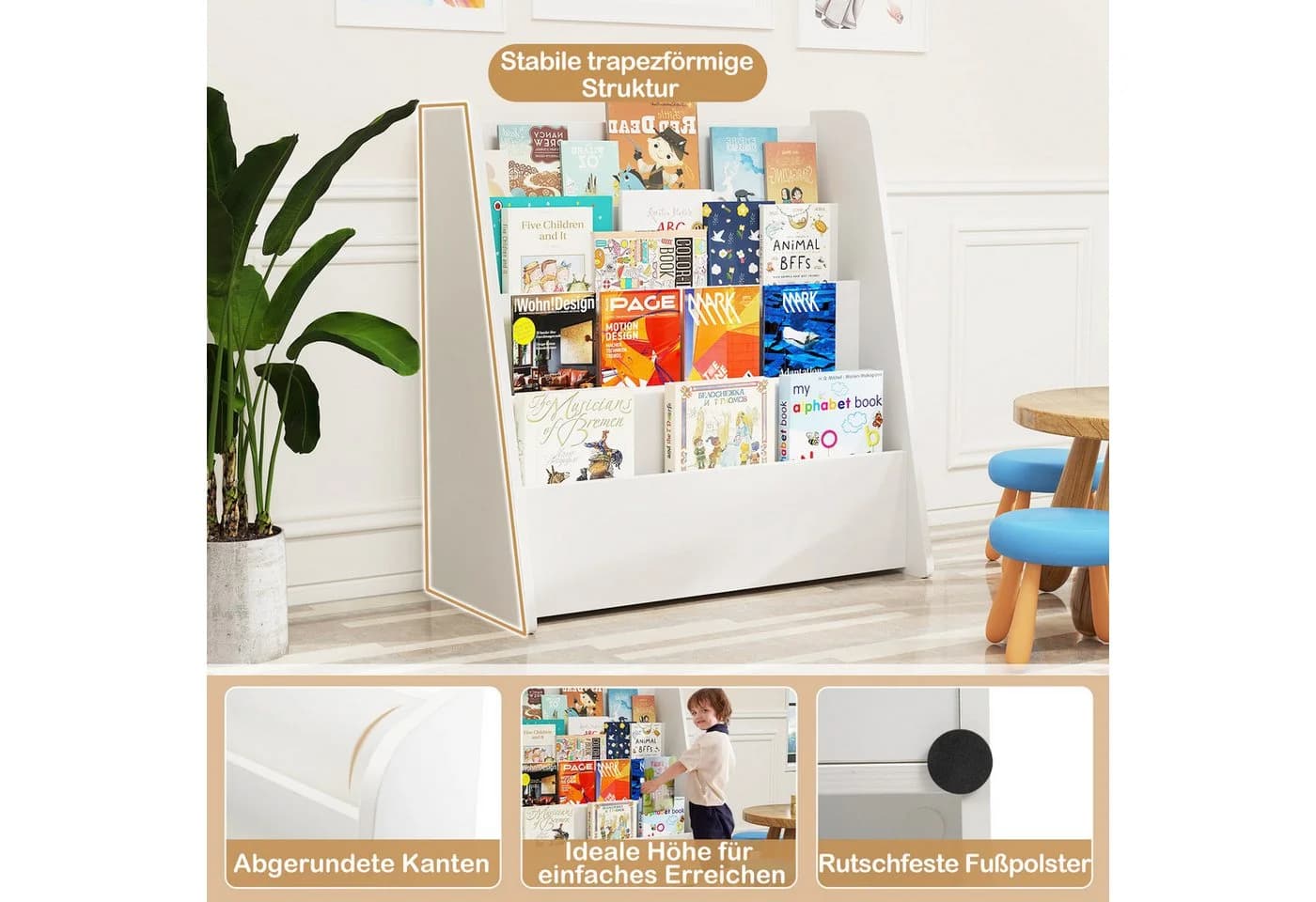 KOMFOTTEU Bücherregal Hängefächerregal Kinderregal 4 Ablagefächer Weiß - Bild 4