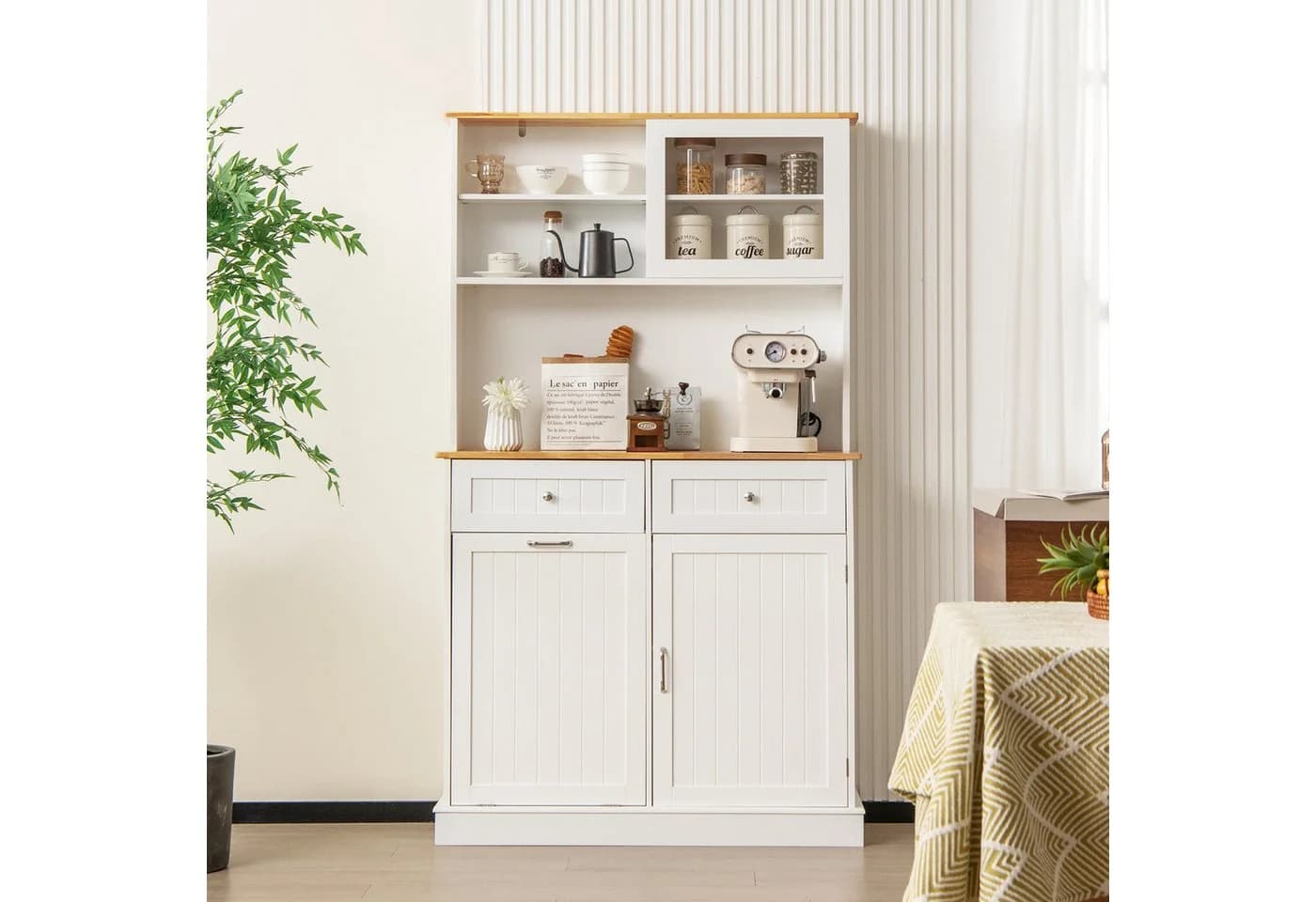 KOMFOTTEU Küchenbuffet mit Mülleimerhalter Weiß/Natur MDF