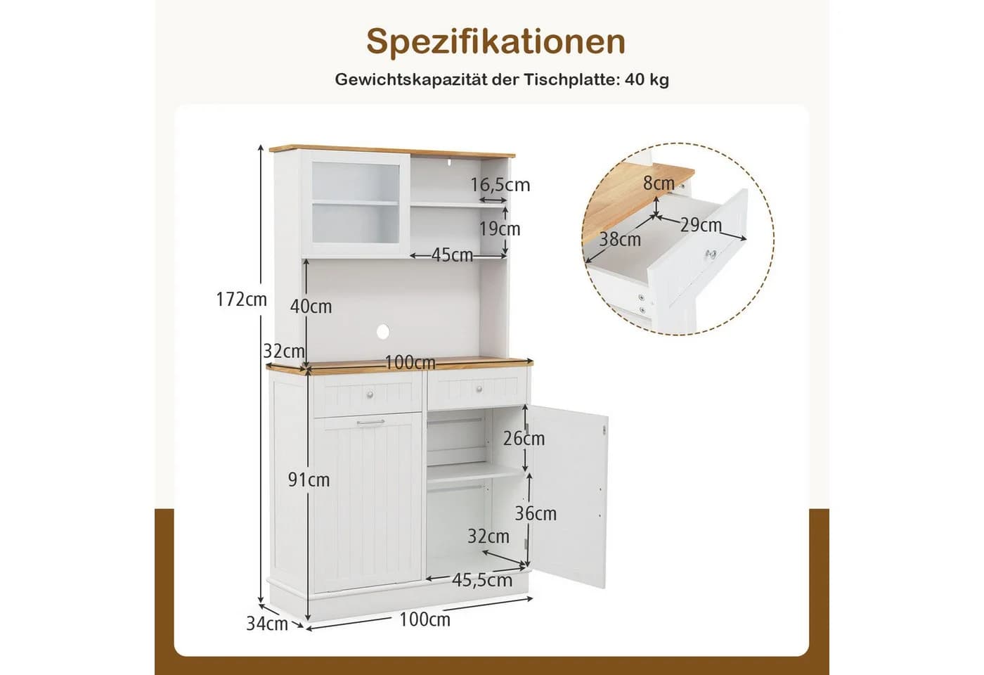 KOMFOTTEU Küchenbuffet mit Mülleimerhalter Weiß/Natur MDF - Bild 3