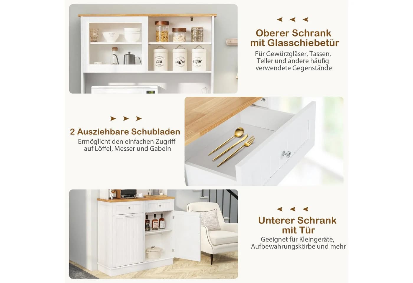 KOMFOTTEU Küchenbuffet mit Mülleimerhalter Weiß/Natur MDF - Bild 5