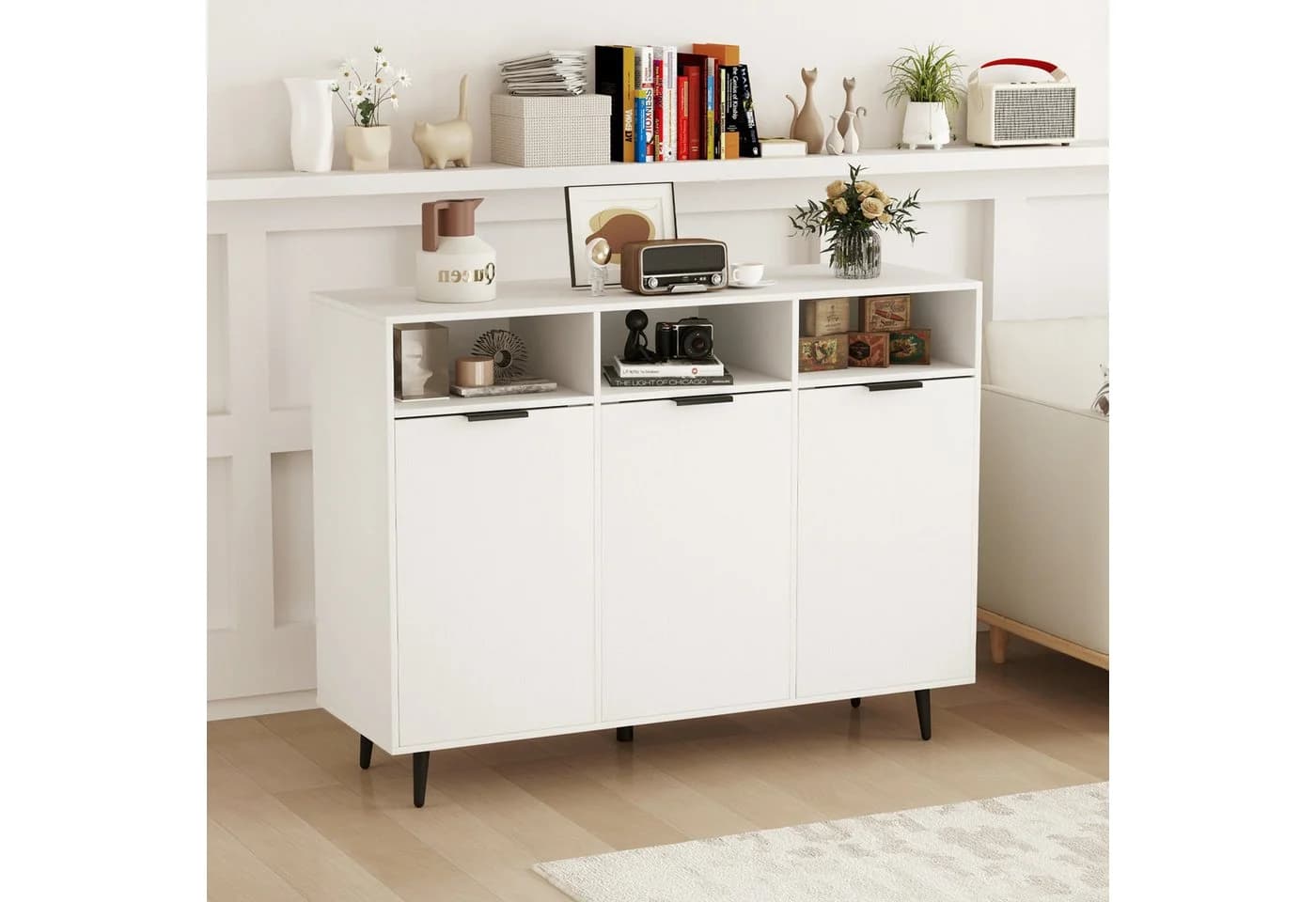 KOMFOTTEU Sideboard Küchenschrank Buffetschrank Weiß 3 Türen 3 Fächer