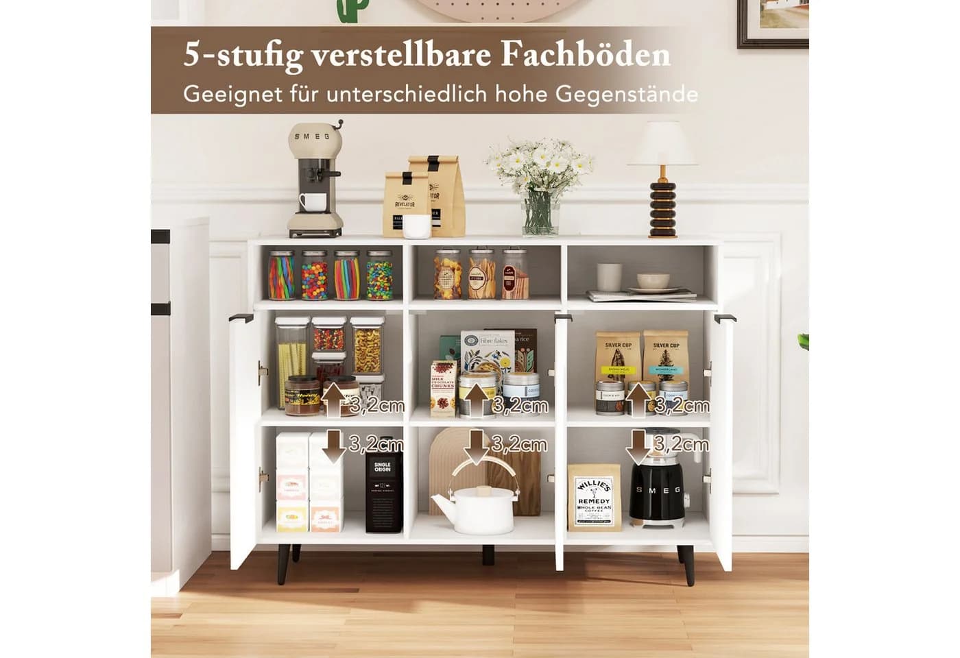 KOMFOTTEU Sideboard Küchenschrank Buffetschrank Weiß 3 Türen 3 Fächer - Bild 3