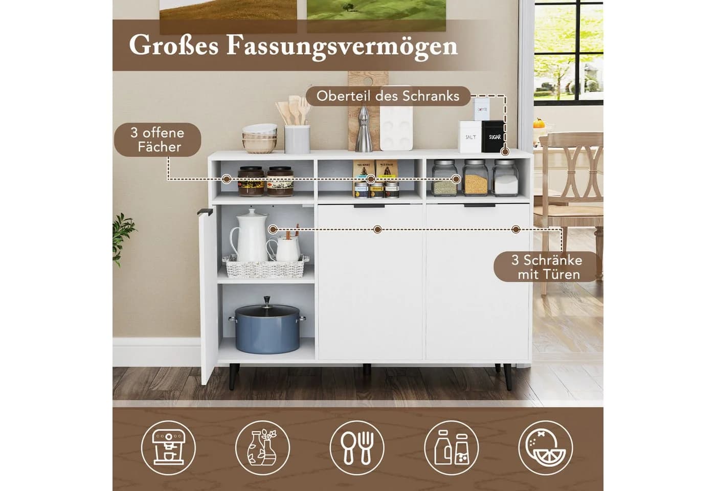 KOMFOTTEU Sideboard Küchenschrank Buffetschrank Weiß 3 Türen 3 Fächer - Bild 4