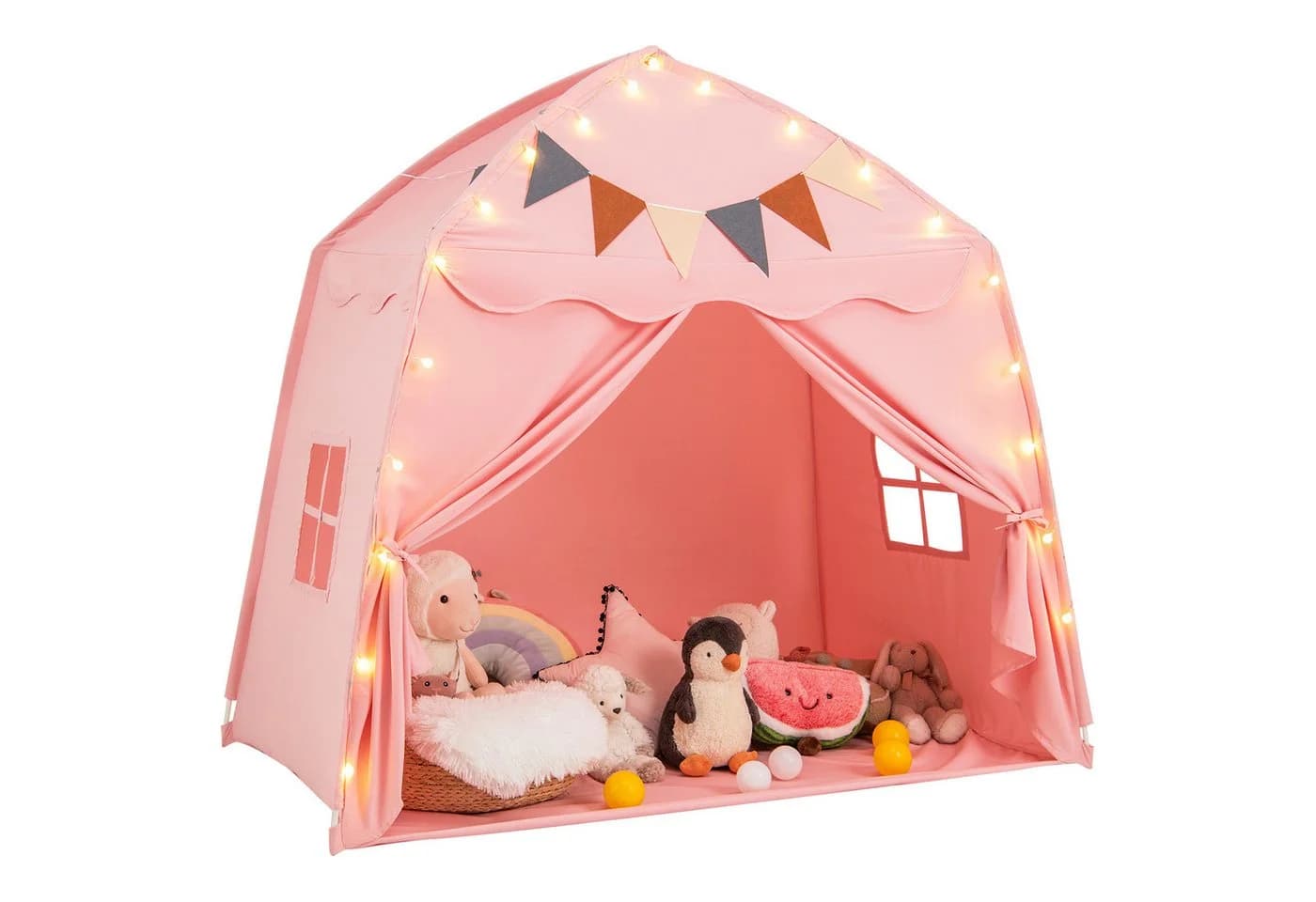 KOMFOTTEU Kinderzelt mit Lichterketten, 2 Türen & Fenstern, Rosa - Bild 2