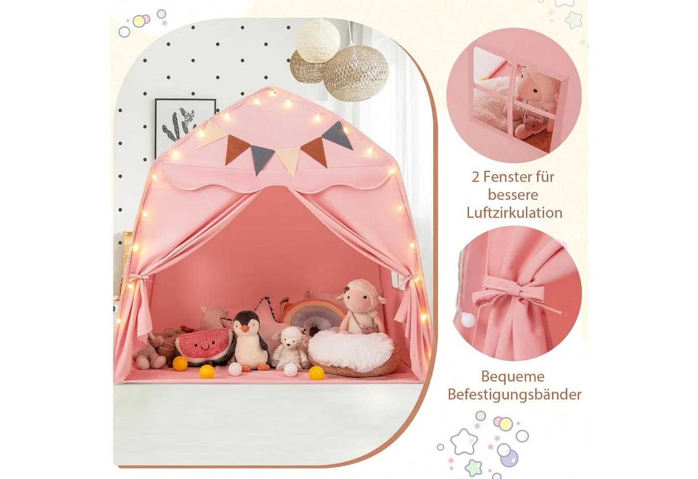KOMFOTTEU Kinderzelt mit Lichterketten, 2 Türen & Fenstern, Rosa - Bild 4