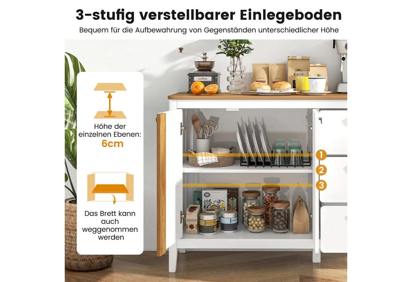 KOMFOTTEU Sideboard Buffetschrank mit Schubladen & Schrank Weiß/Natur