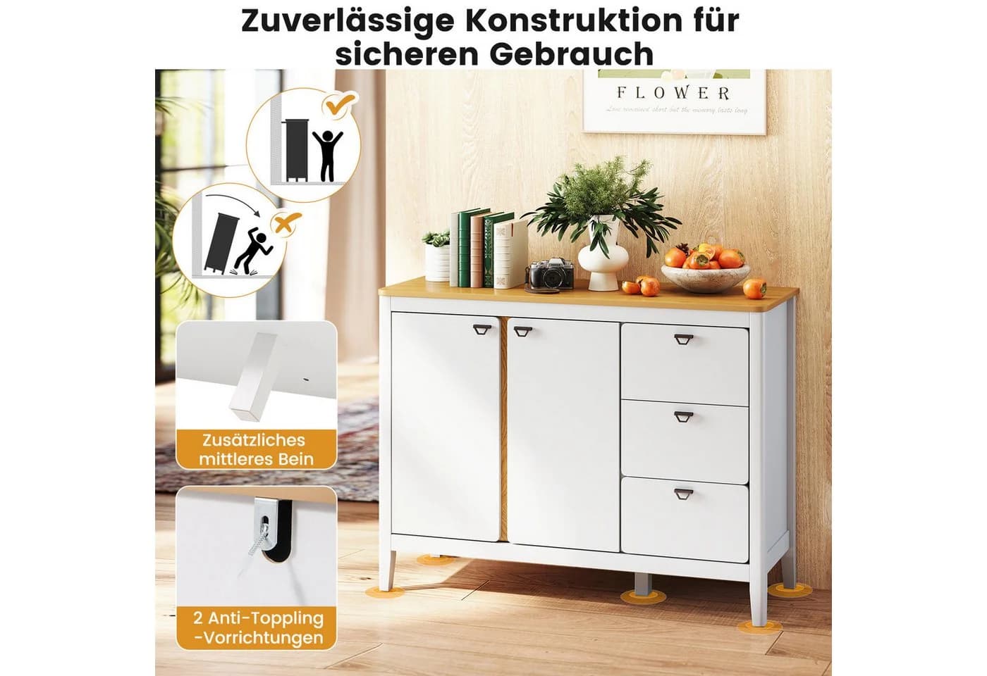 KOMFOTTEU Sideboard Buffetschrank mit Schubladen & Schrank Weiß/Natur - Bild 3