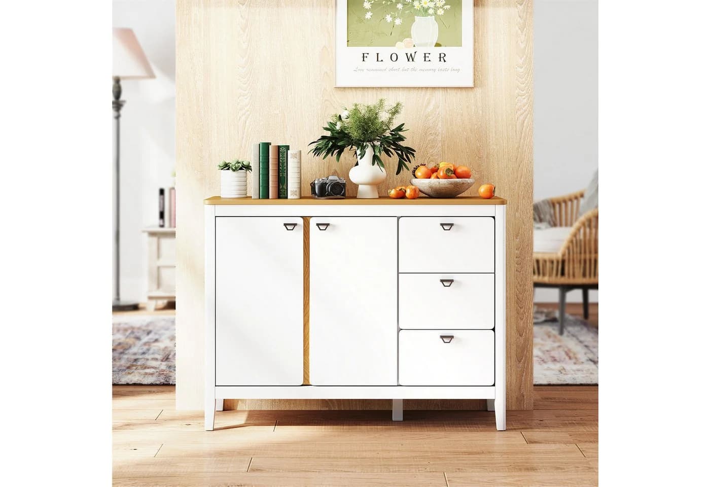 KOMFOTTEU Sideboard Buffetschrank mit Schubladen & Schrank Weiß/Natur - Bild 4