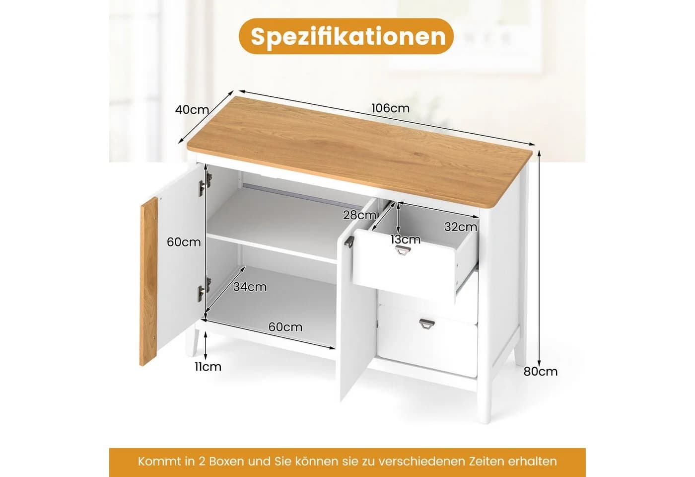 KOMFOTTEU Sideboard Buffetschrank mit Schubladen & Schrank Weiß/Natur - Bild 5