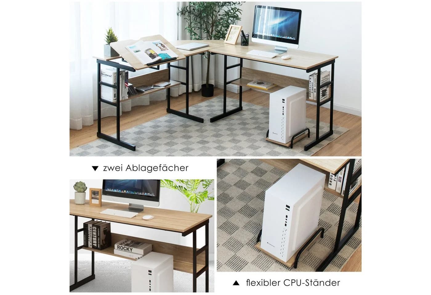 COSTWAY Eckschreibtisch L-förmig mit Stauraum, CPU-Ständer & Regal, neigbar - Bild 3