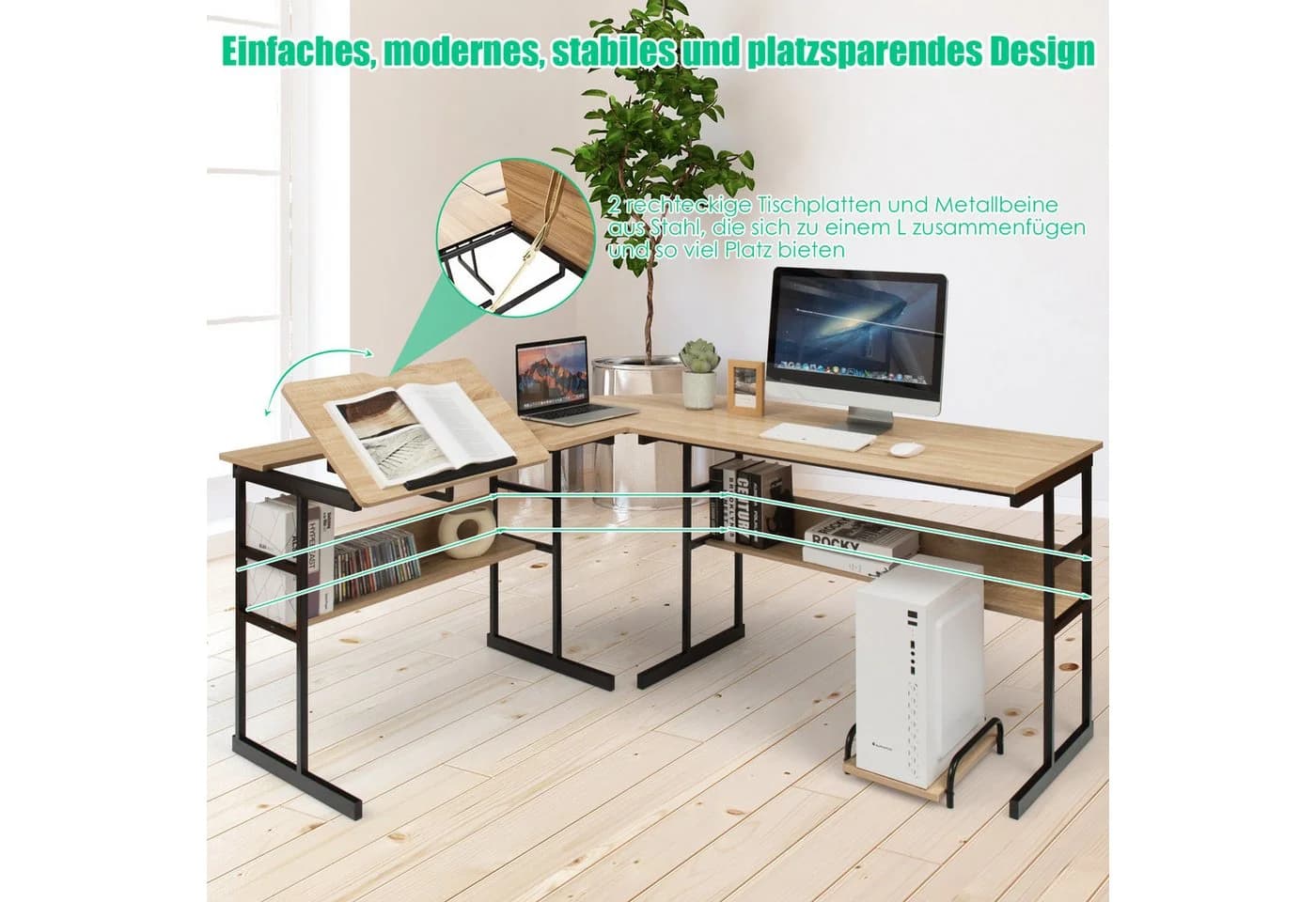 COSTWAY Eckschreibtisch L-förmig mit Stauraum, CPU-Ständer & Regal, neigbar - Bild 4