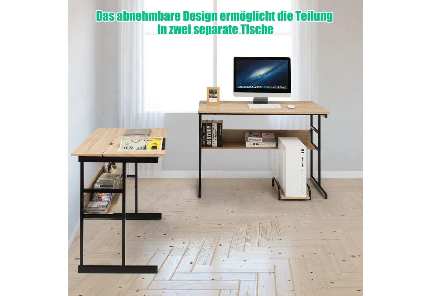 COSTWAY Eckschreibtisch L-förmig mit Stauraum, CPU-Ständer & Regal, neigbar - Bild 5