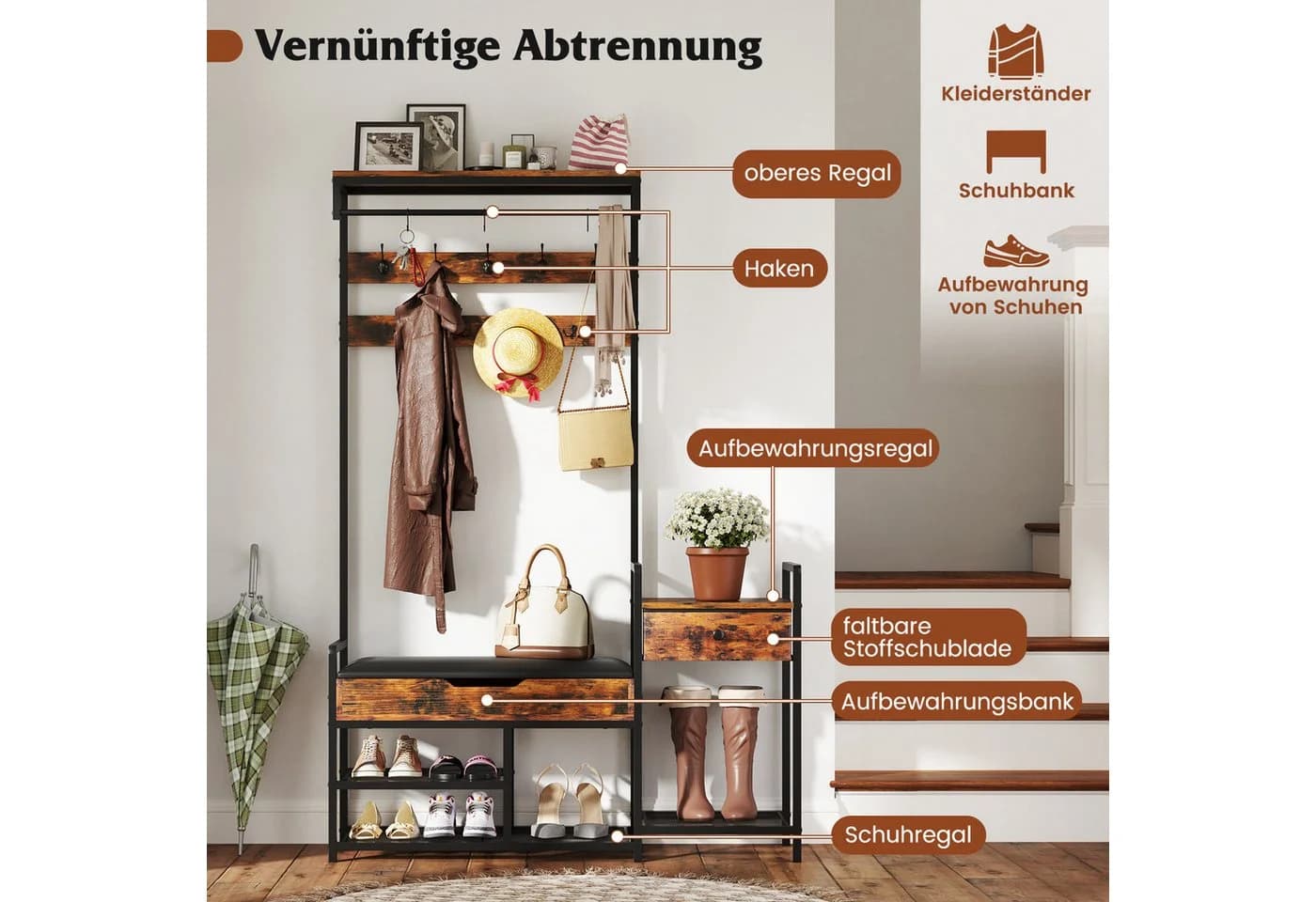COSTWAY Kleiderständer mit Schuhbank 12 Haken - Bild 4