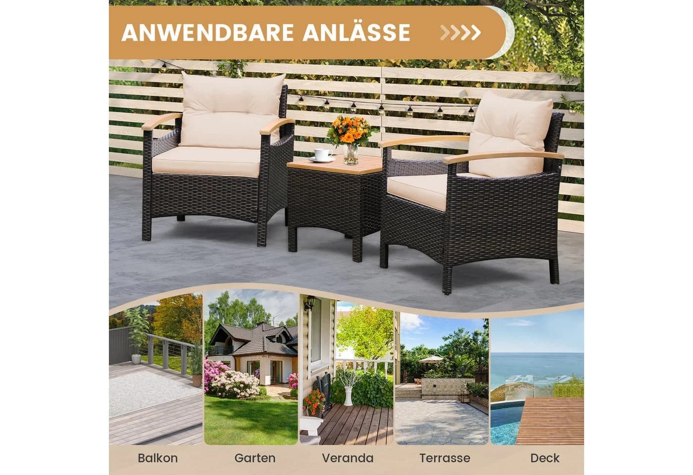 COSTWAY Balkonset 3-tlg. Rattan 2 Sessel Tisch Braun/Weiß