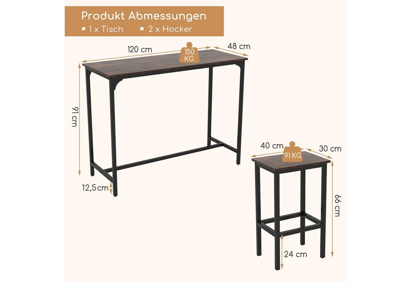 COSTWAY Bartisch 3-tlg. mit 2 Barhockern Braunschwarz Industriestil - Bild 3