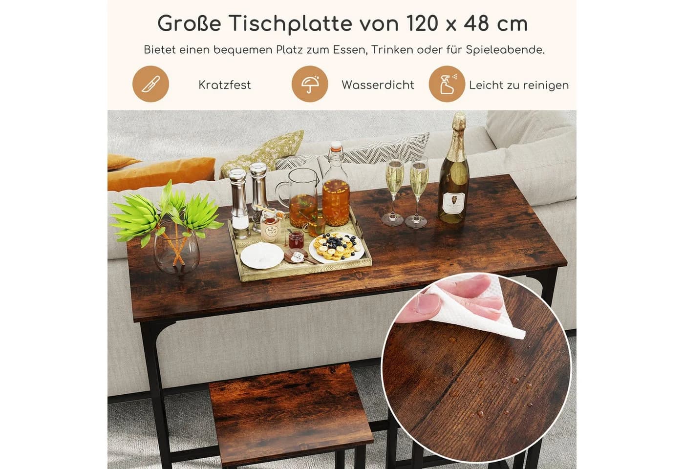COSTWAY Bartisch 3-tlg. mit 2 Barhockern Braunschwarz Industriestil - Bild 4
