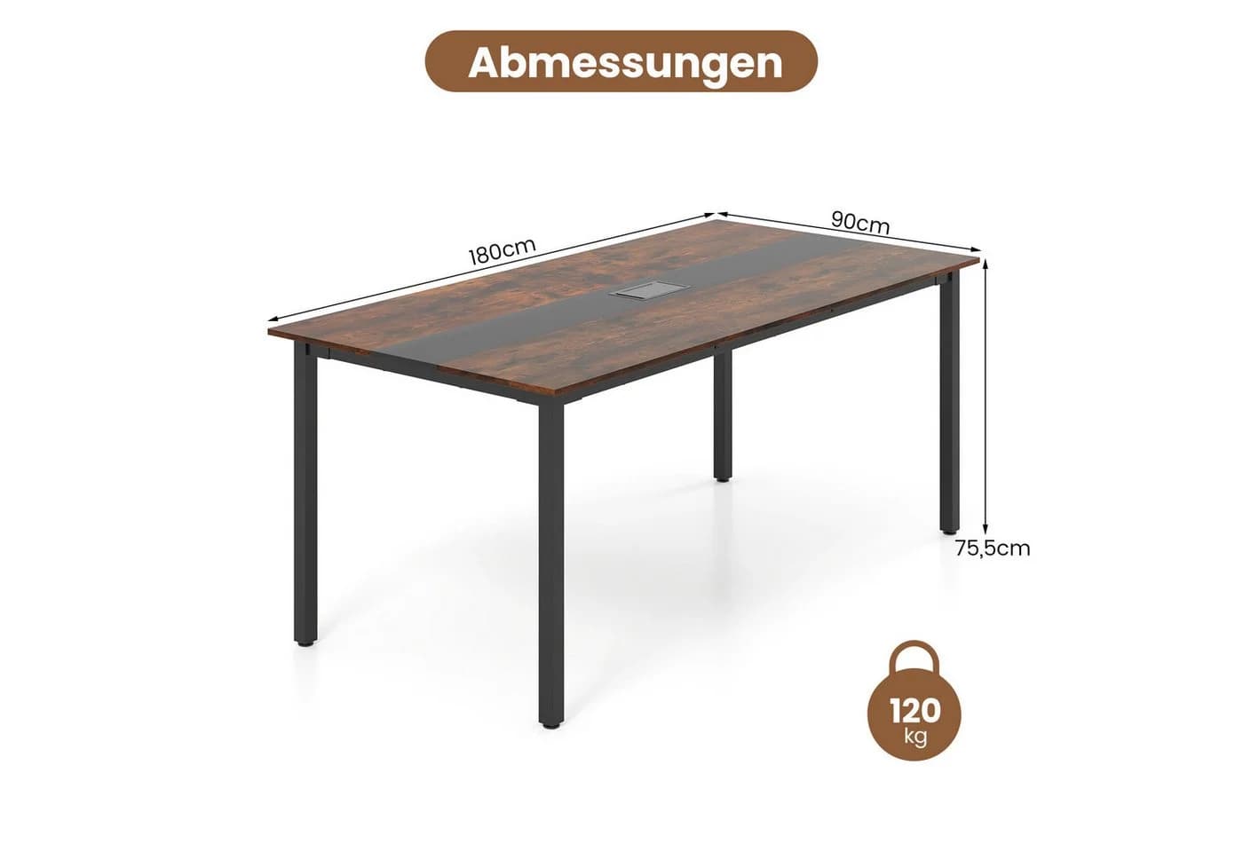COSTWAY Konferenztisch Rustikal Braun Schwarz mit Kabeldurchführung - Bild 3