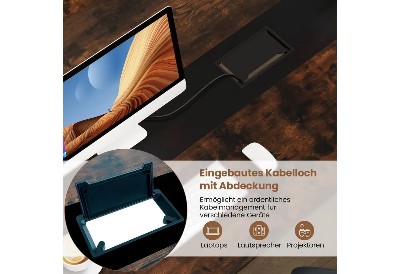 COSTWAY Konferenztisch Rustikal Braun Schwarz mit Kabeldurchführung - Bild 5