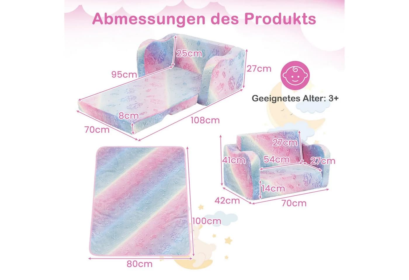 COSTWAY Kindersessel Klappsofa 2-in-1 Leuchtend mit Decke - Bild 5