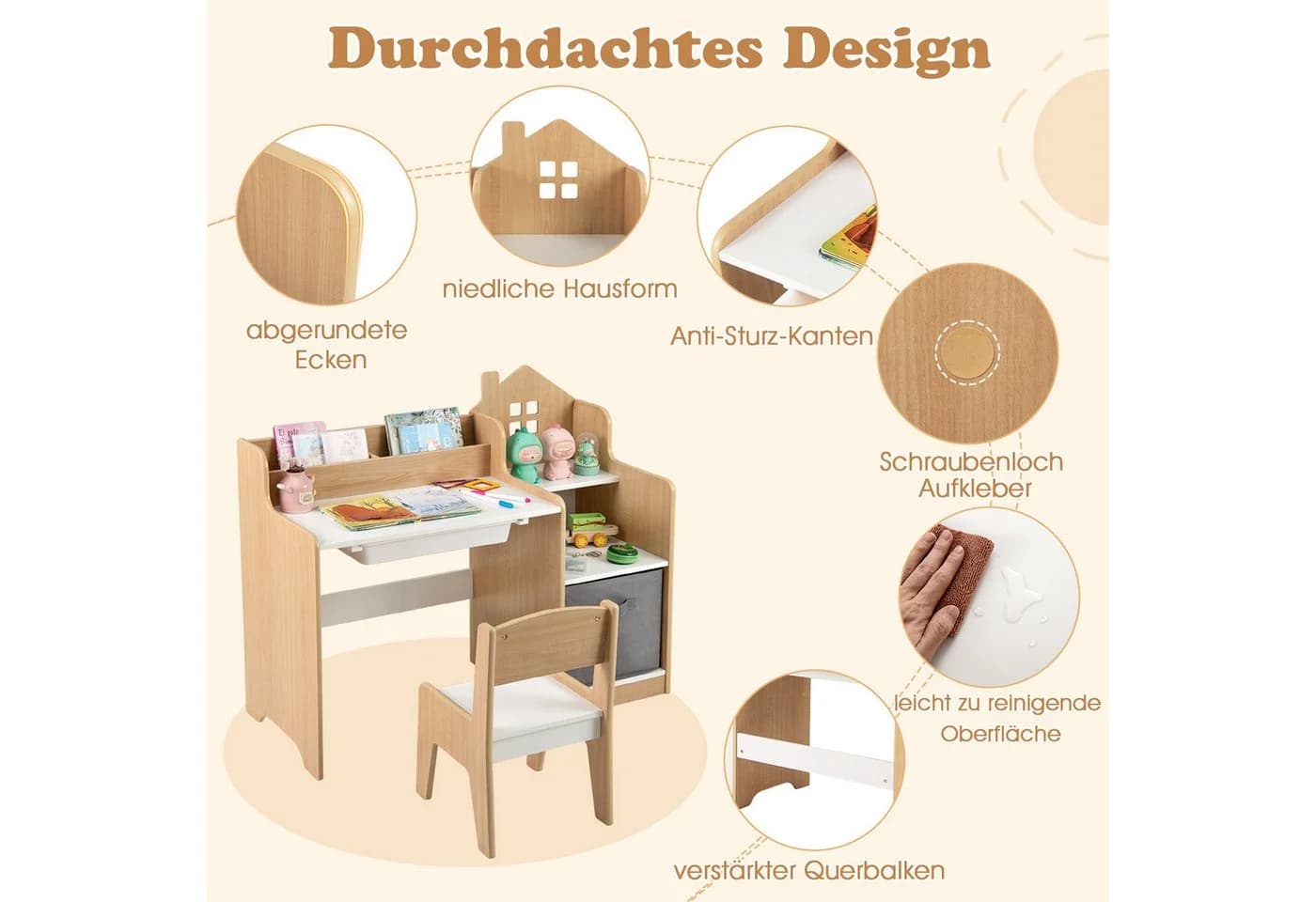 COSTWAY Kinderschreibtisch mit Stuhl, Schülertisch mit Stauraum, Schublade