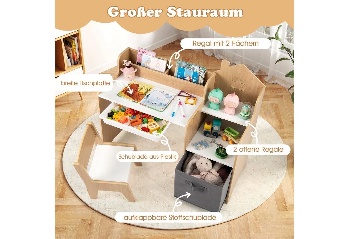 COSTWAY Kinderschreibtisch mit Stuhl, Schülertisch mit Stauraum, Schublade - Bild 3