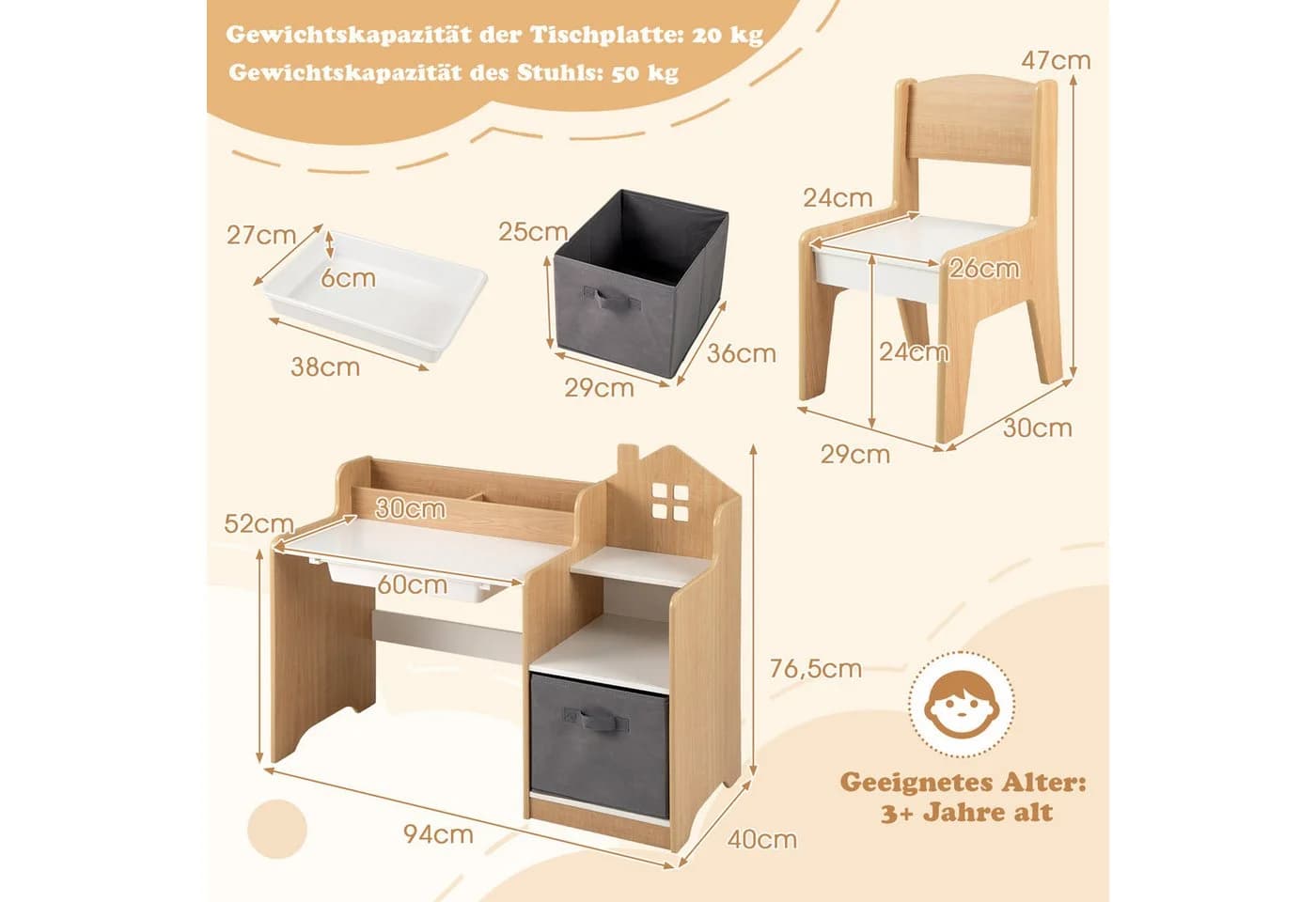 COSTWAY Kinderschreibtisch mit Stuhl, Schülertisch mit Stauraum, Schublade - Bild 4