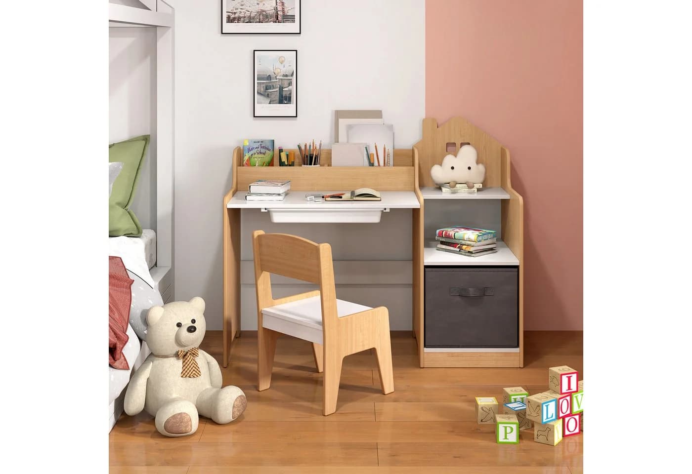 COSTWAY Kinderschreibtisch mit Stuhl, Schülertisch mit Stauraum, Schublade - Bild 5