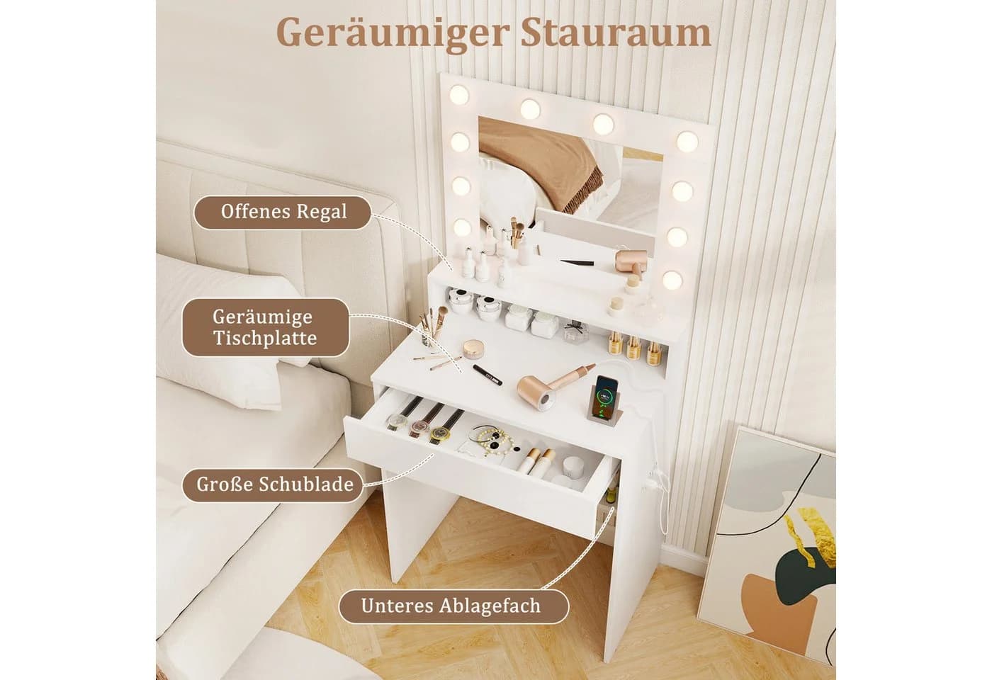 COSTWAY Schminktisch mit Spiegel, LED-Beleuchtung und Ladestation - Bild 3