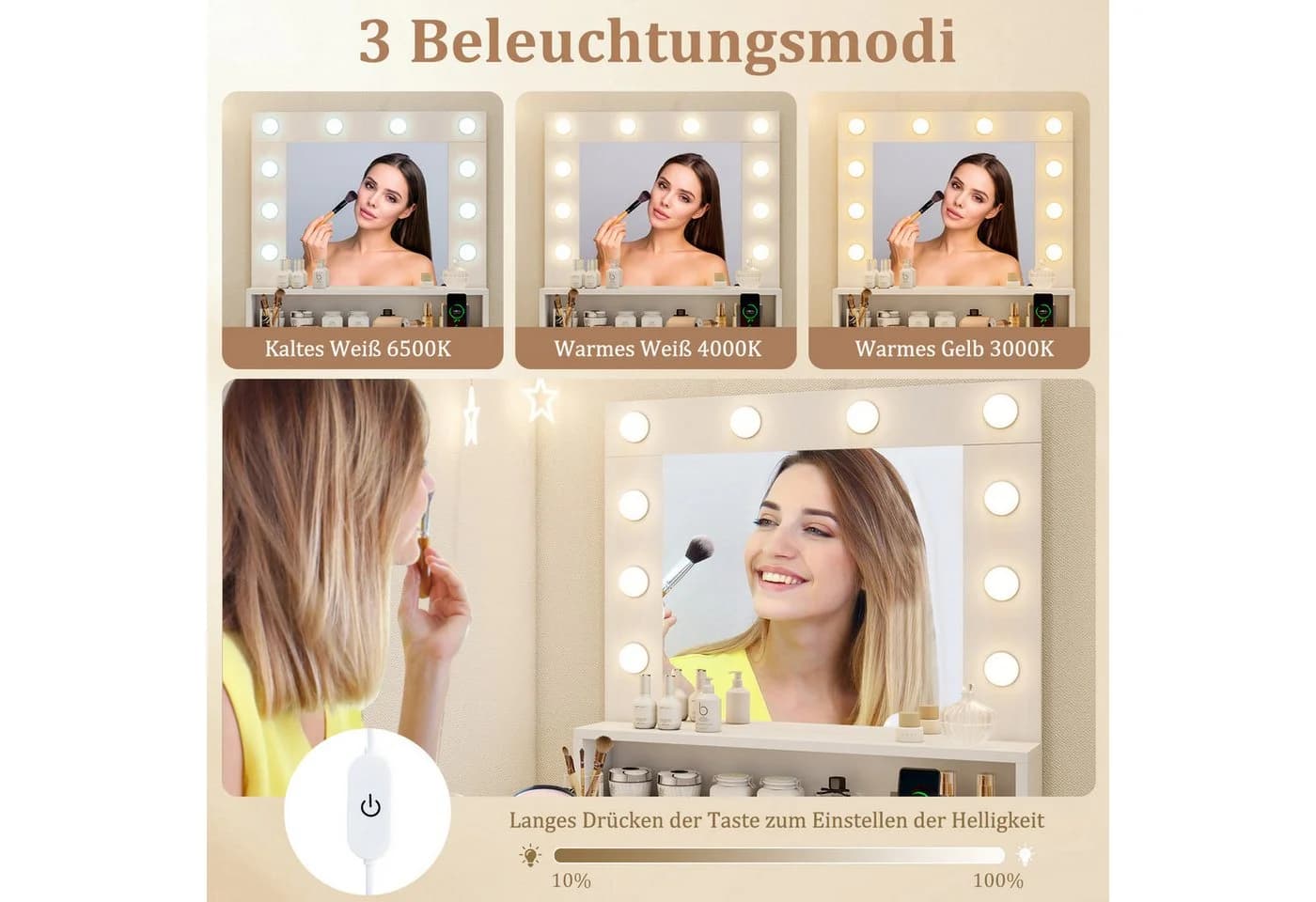 COSTWAY Schminktisch mit Spiegel, LED-Beleuchtung und Ladestation - Bild 4