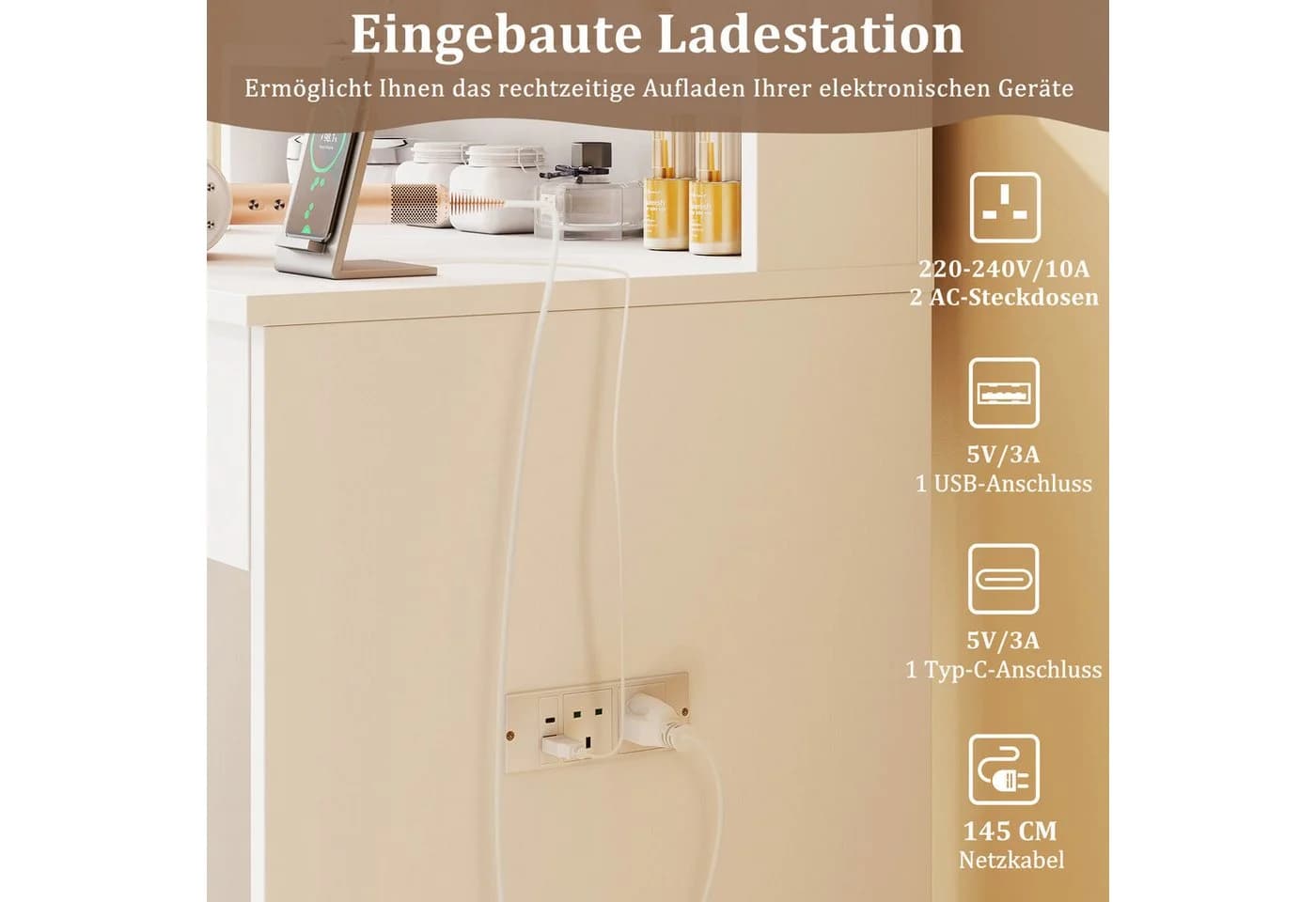 COSTWAY Schminktisch mit Spiegel, LED-Beleuchtung und Ladestation - Bild 5