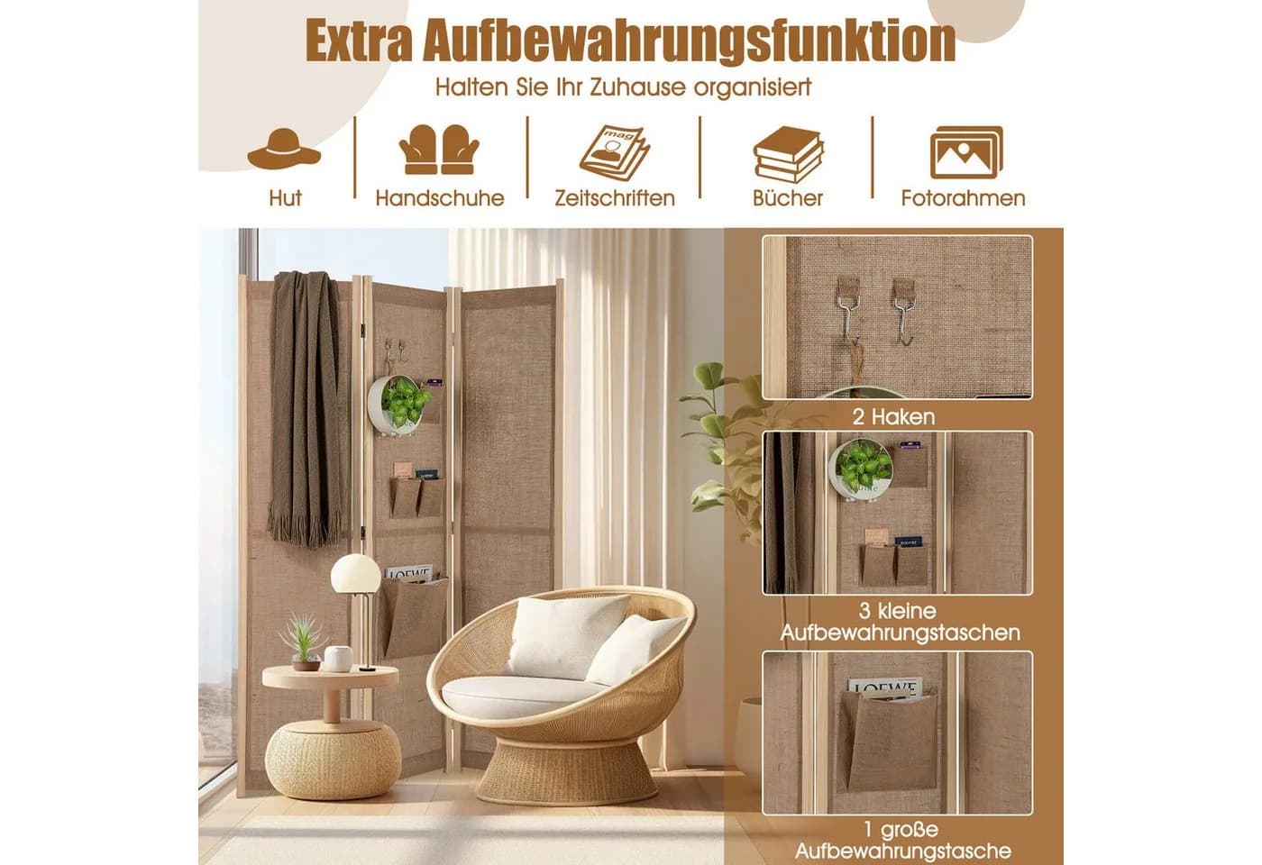 COSTWAY Raumteiler 170x121cm 3-tlg. Beige - Bild 3