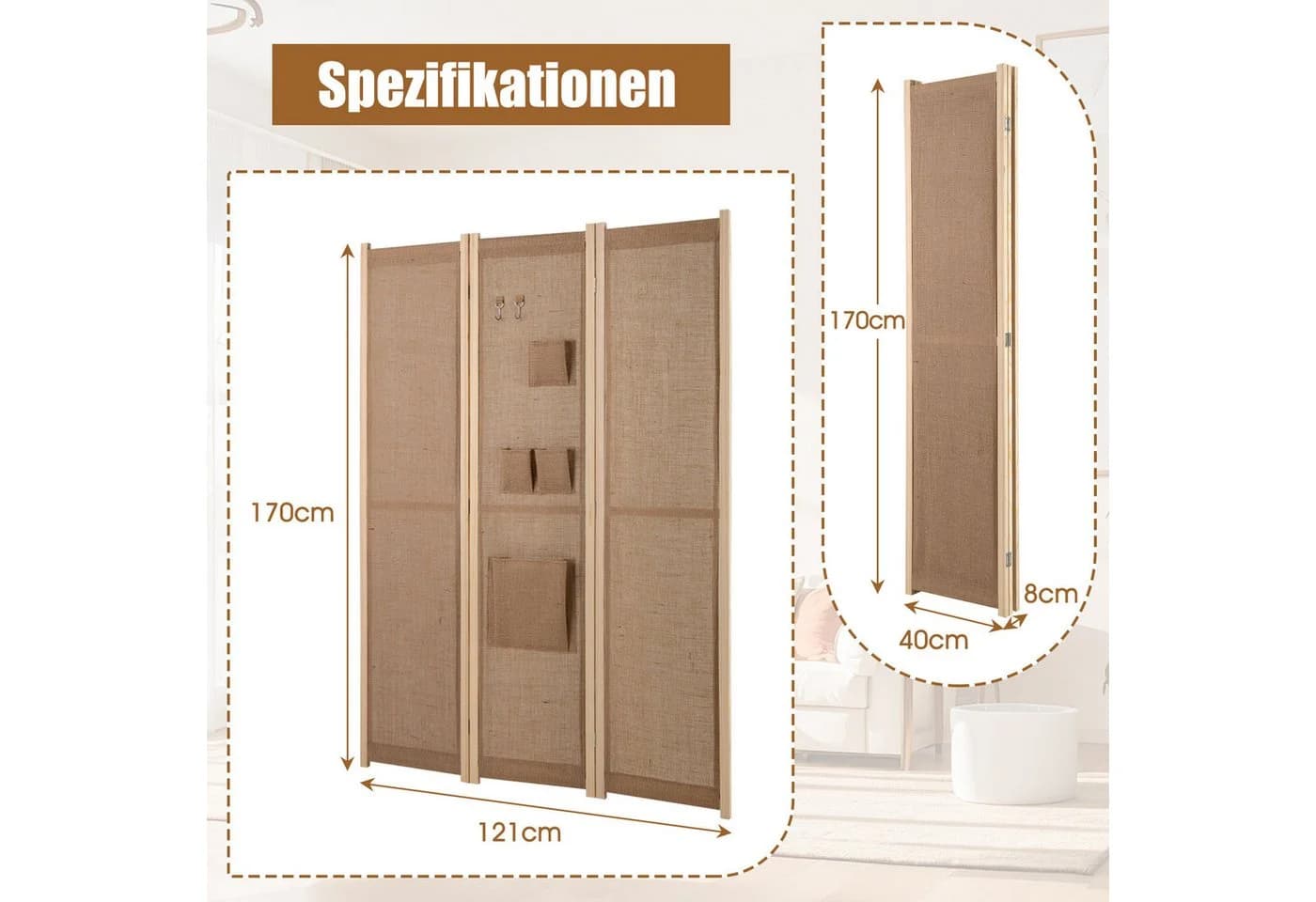COSTWAY Raumteiler 170x121cm 3-tlg. Beige - Bild 5